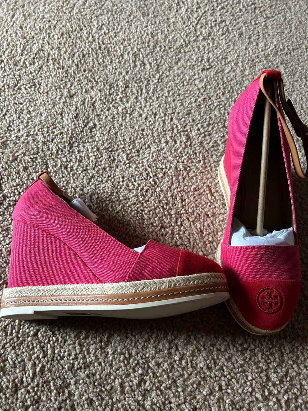 Tory Burch Pink Canvas Espadrille Wedge with Logo